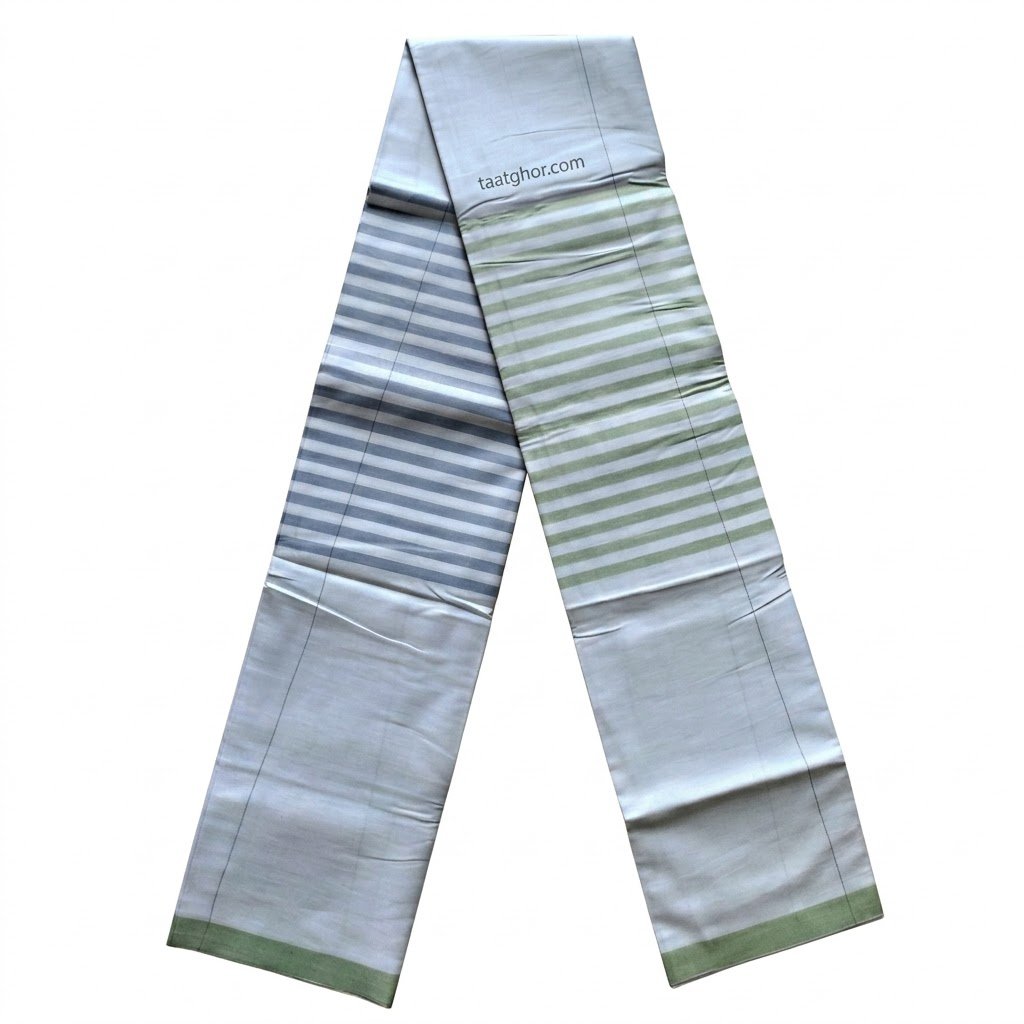 Crown Lungi (White with Green & Grey Stripes) - 100% Cotton 5.5 Hat | ক্রাউন লুঙ্গি - Image 2