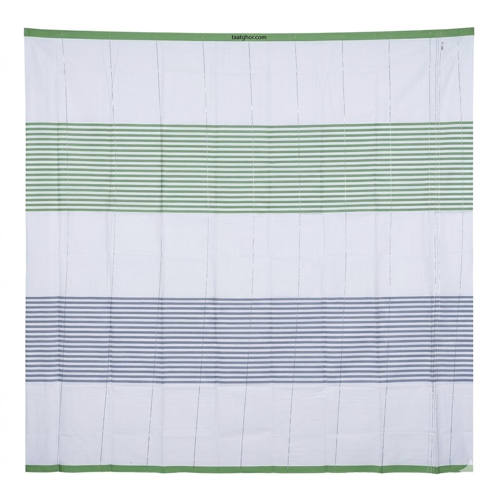 Crown Lungi (White with Green & Grey Stripes) - 100% Cotton 5.5 Hat | ক্রাউন লুঙ্গি - Image 3