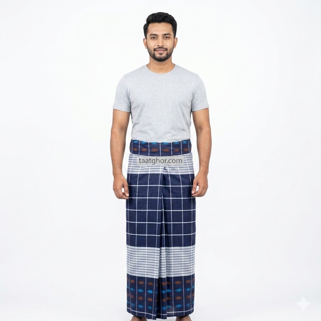 100% Cotton Lungi for Men - Essential Navy Blue Check | সেরা সুতি লুঙ্গি