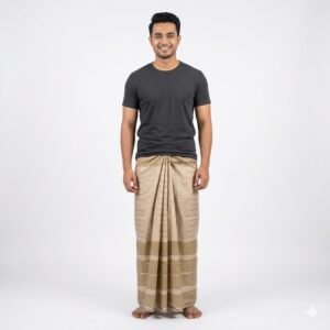 A folded premium golden khaki striped 100% pure Cotton Lungi from Pabna Chachkia, perfect for Lungi men looking for the best lungi price in bd at our online lungi shop.