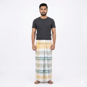 premium white 100% pure Cotton Lungi with blue and golden stripes from Pabna Chachkia, perfect for Lungi men looking for the best lungi price in bd at our online lungi shop.