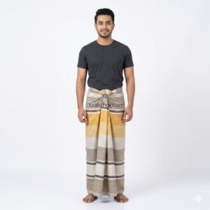 grey and mustard striped 100% pure Cotton Lungi from Pabna Chachkia, perfect for Lungi men looking for the best lungi price in bd at our online lungi shop.