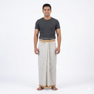 A premium white 100% pure Cotton Lungi with fine orange stripes from Pabna Chachkia, perfect for Lungi men looking for the best lungi price in bd at our online lungi shop.