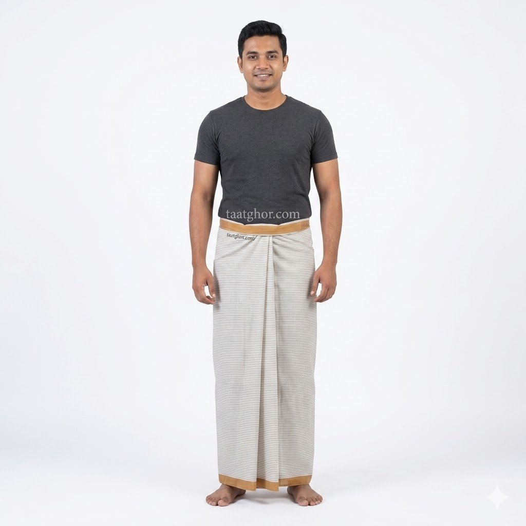 A premium white 100% pure Cotton Lungi with fine orange stripes from Pabna Chachkia, perfect for Lungi men looking for the best lungi price in bd at our online lungi shop.