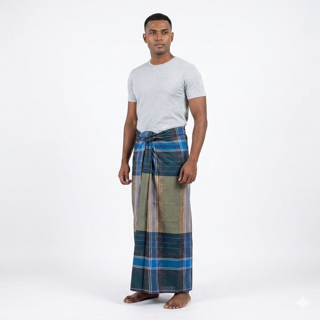 Economy Black Cotton Lungi with Checkered Border. 100% সুতি কাপড়ের তৈরি ৫.৫ হাত সাশ্রয়ী ক্রাউন লুঙ্গি।