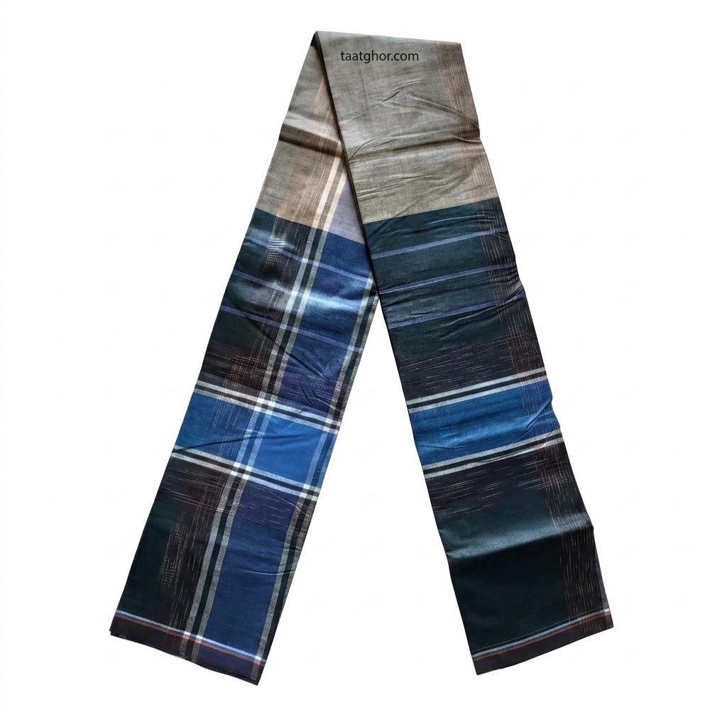Economy Black Cotton Lungi with Checkered Border. 100% সুতি কাপড়ের তৈরি ৫.৫ হাত সাশ্রয়ী ক্রাউন লুঙ্গি।