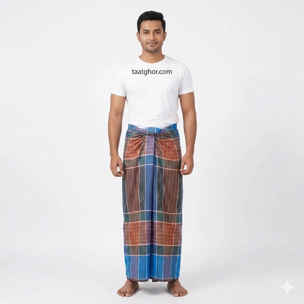 Economy Blue and Brown Checkered Cotton Lungi. 100% সুতি কাপড়ের তৈরি ৫.৫ হাত সাশ্রয়ী ক্রাউন লুঙ্গি।