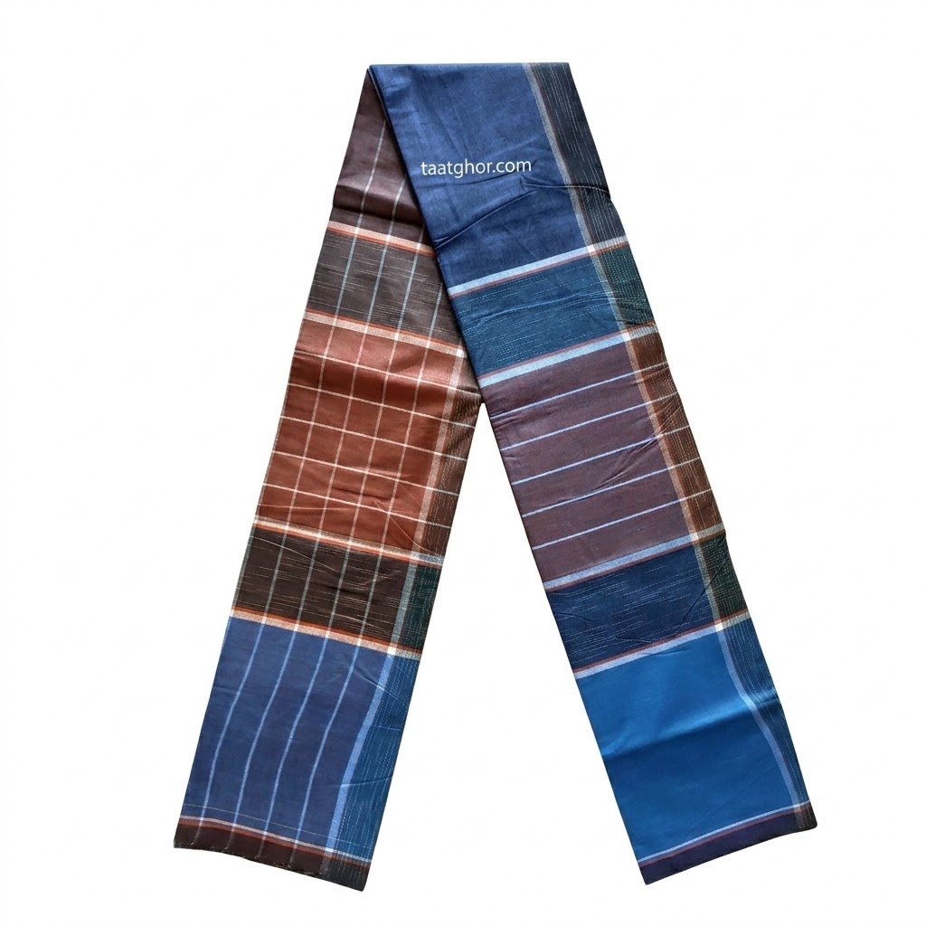 Economy Blue and Brown Checkered Cotton Lungi. 100% সুতি কাপড়ের তৈরি ৫.৫ হাত সাশ্রয়ী ক্রাউন লুঙ্গি।