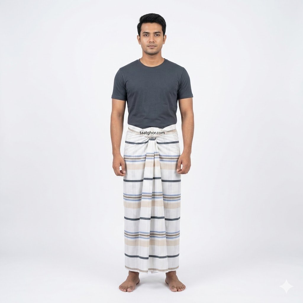 Gold Star White, Blue, and Tan Striped Cotton Lungi. 100% সুতি কাপড়ের তৈরি ৫.৫ হাত ক্রাউন লুঙ্গি।