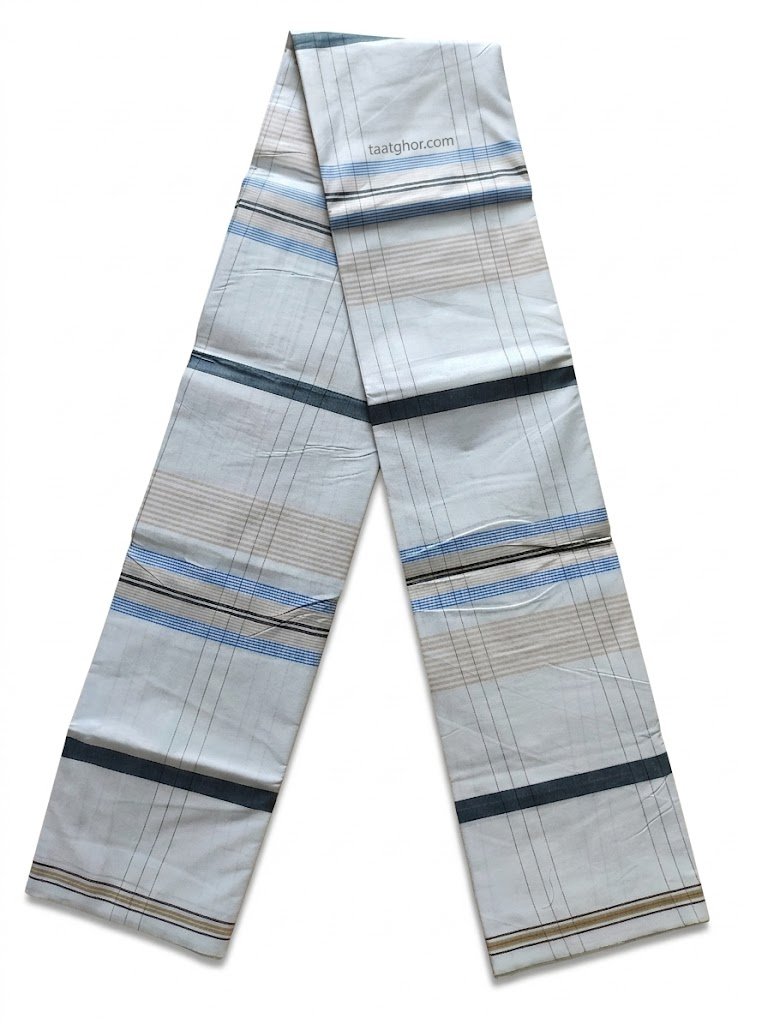 Gold Star White, Blue, and Tan Striped Cotton Lungi. 100% সুতি কাপড়ের তৈরি ৫.৫ হাত ক্রাউন লুঙ্গি।