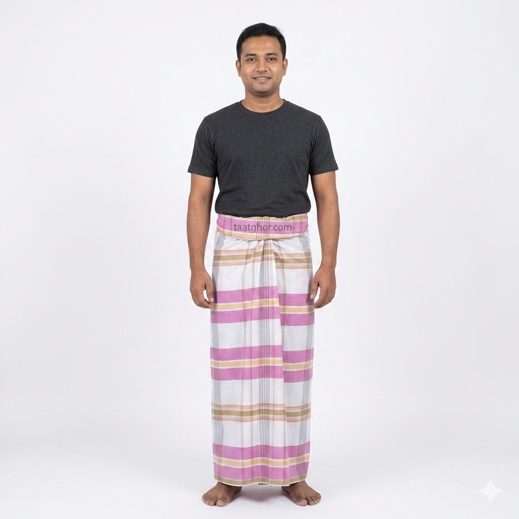 Luxury Navy Cotton Lungi with Geometric Border. 100% সুতি কাপড়ের তৈরি ৫.৫ হাত ক্রাউন লুঙ্গি।