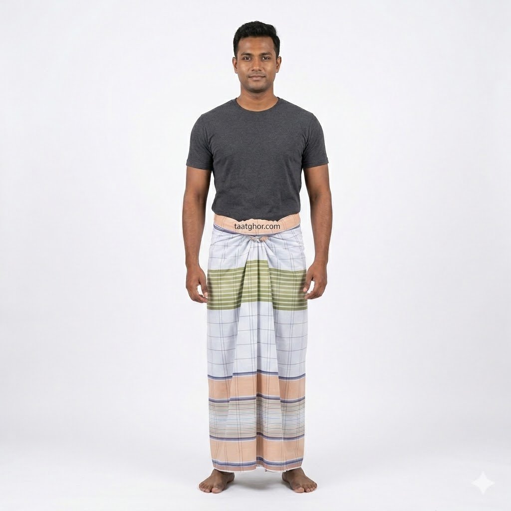 Signature White with Peach and Green Striped Cotton Lungi. 100% সুতি কাপড়ের তৈরি ৫.৫ হাত ক্রাউন লুঙ্গি।