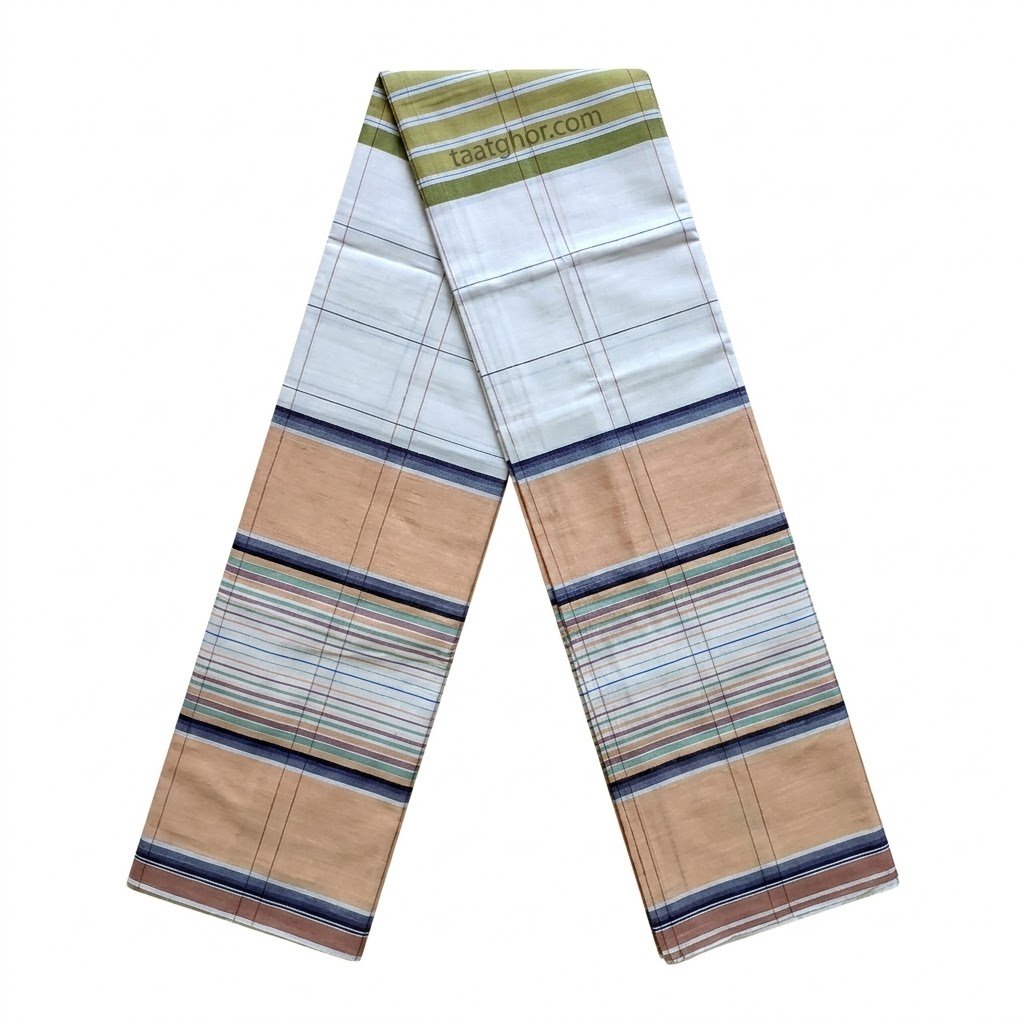 Signature White with Peach and Green Striped Cotton Lungi. 100% সুতি কাপড়ের তৈরি ৫.৫ হাত ক্রাউন লুঙ্গি।
