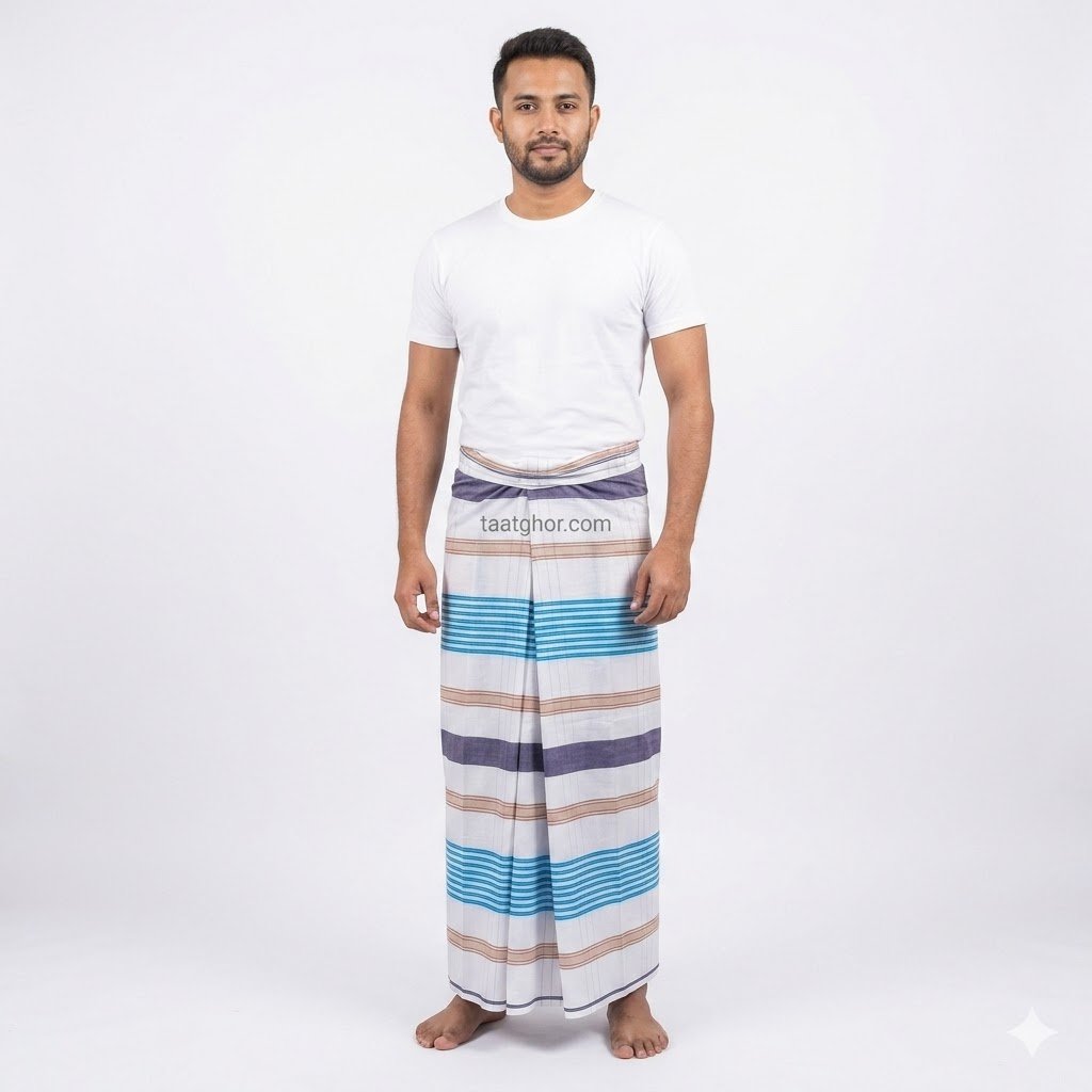 Crown Premium Blue and Grey Checkered Cotton Lungi with Red Border. 100% সুতি কাপড়ের তৈরি ৫.৫ হাত ক্রাউন লুঙ্গি।