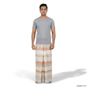 Crown Lungi (Premium Khandani White/Tan/Green Striped) - 100% Cotton 5.5 Hat | ক্রাউন লুঙ্গি
