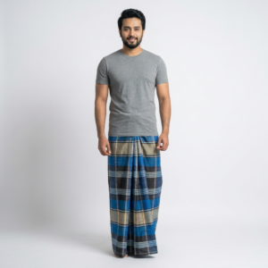 Crown Lungi (Economy Blue/Black/Gold Checkered) - 100% Cotton 5.5 Hat | ক্রাউন লুঙ্গি