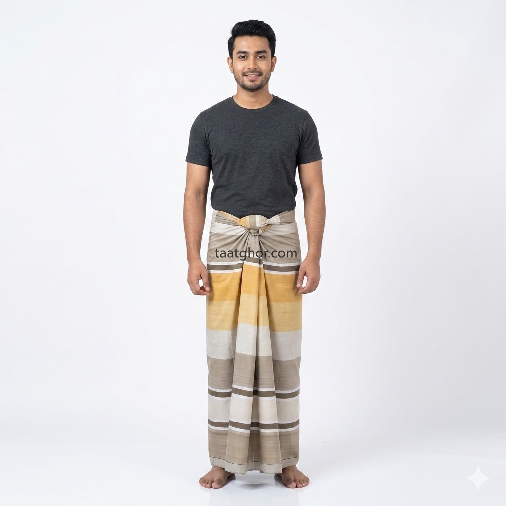 Grey and Mustard Striped Pure Cotton Lungi. পাবনার ঐতিহ্যবাহী ৫.৫ হাত চাচকিয়ার সুতি লুঙ্গি।