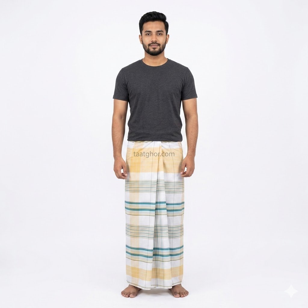 Premium White and Blue Striped Pure Cotton Lungi. পাবনার ঐতিহ্যবাহী ৫.৫ হাত চাচকিয়ার সুতি লুঙ্গি।