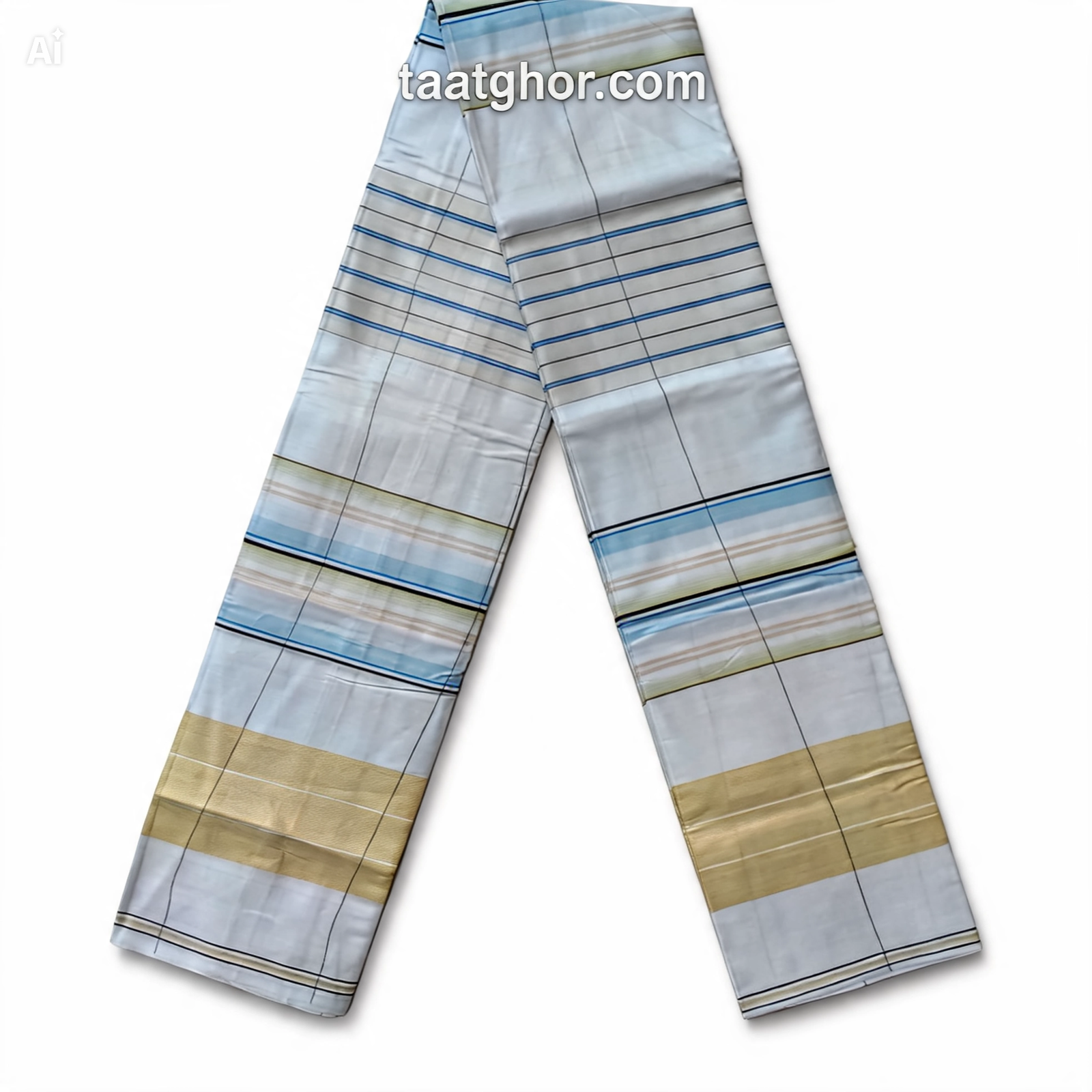 Premium White and Blue Striped Pure Cotton Lungi. পাবনার ঐতিহ্যবাহী ৫.৫ হাত চাচকিয়ার সুতি লুঙ্গি।