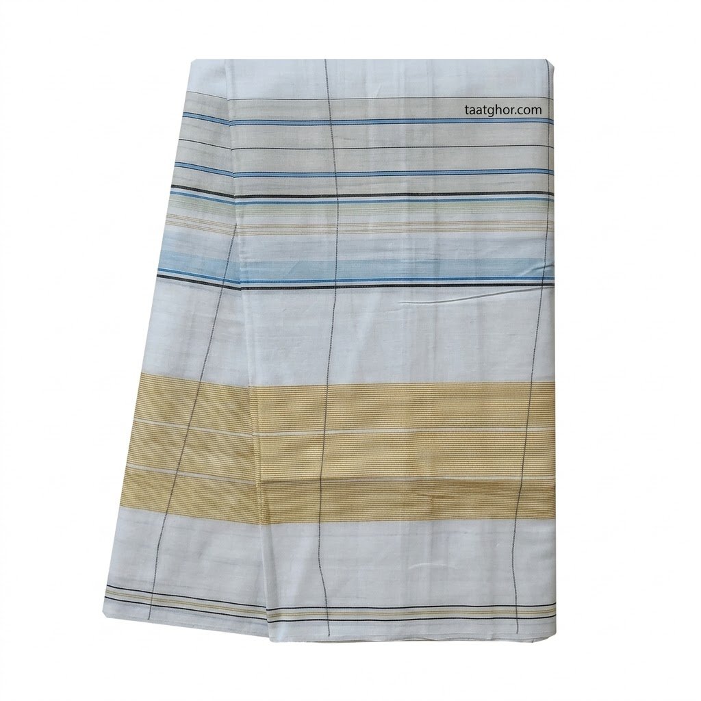 Premium White & Blue Striped Pure Cotton Lungi (5.5 Hat) - পাবনার ঐতিহ্যবাহী চাচকিয়ার লুঙ্গি - Image 2