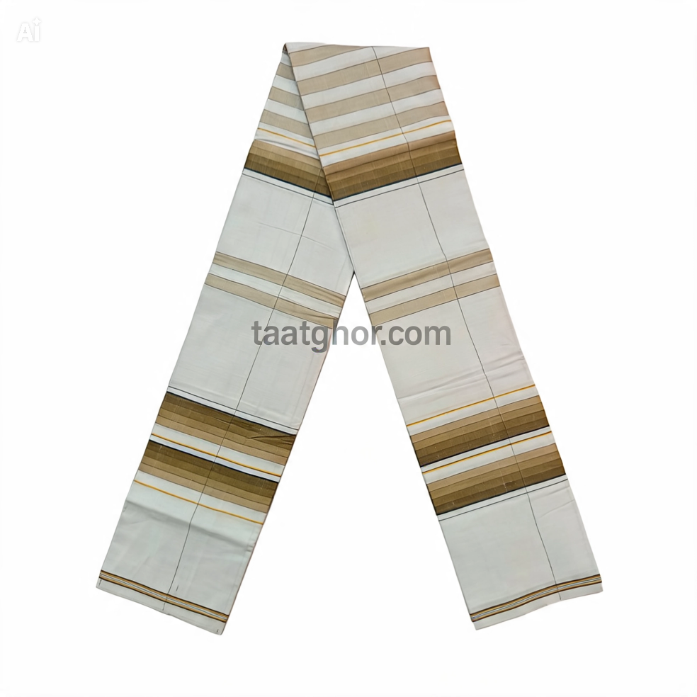 Premium White & Brown Striped Pure Cotton Lungi (5.5 Hat) - পাবনার ঐতিহ্যবাহী চাচকিয়ার লুঙ্গি - Image 2