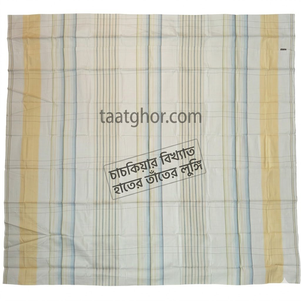 Premium White & Yellow Striped Pure Cotton Lungi (5.5 Hat) - পাবনার ঐতিহ্যবাহী চাচকিয়ার লুঙ্গি - Image 3