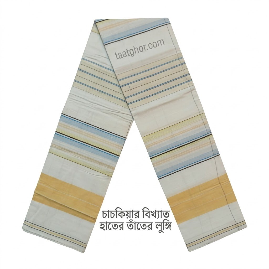 Premium White & Yellow Striped Pure Cotton Lungi (5.5 Hat) - পাবনার ঐতিহ্যবাহী চাচকিয়ার লুঙ্গি - Image 2