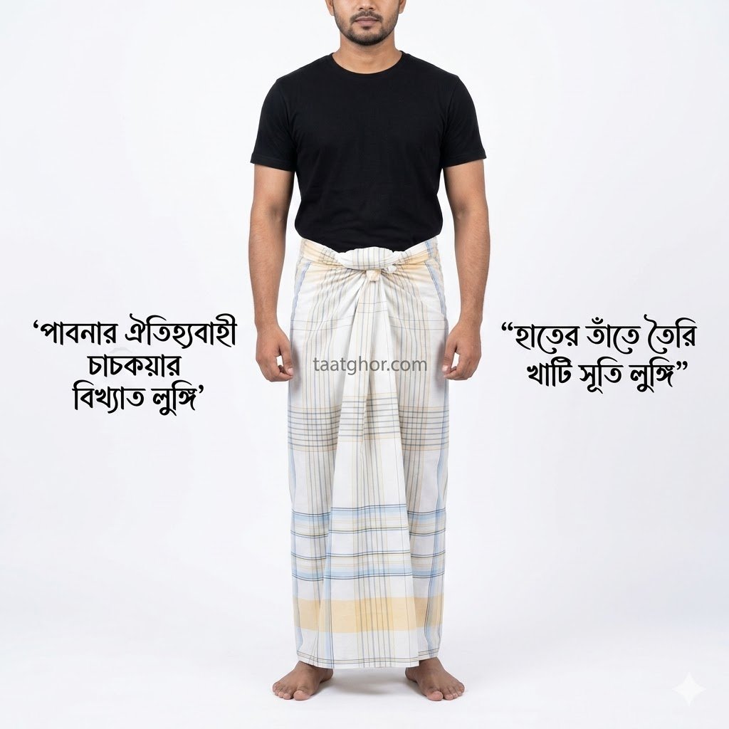 premium white and yellow striped 100% pure Cotton Lungi by Kalam brand from Pabna Chachkia, perfect for men looking for the best lungi price in bd at our online shop.
