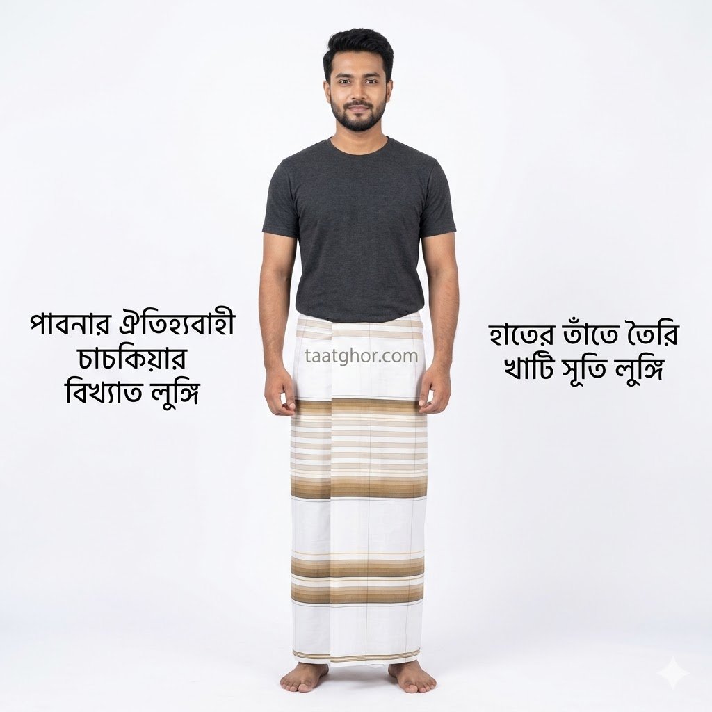 premium white and brown striped 100% pure Cotton Lungi by Kalam brand from Pabna Chachkia, perfect for men looking for the best lungi price in bd at our online shop.