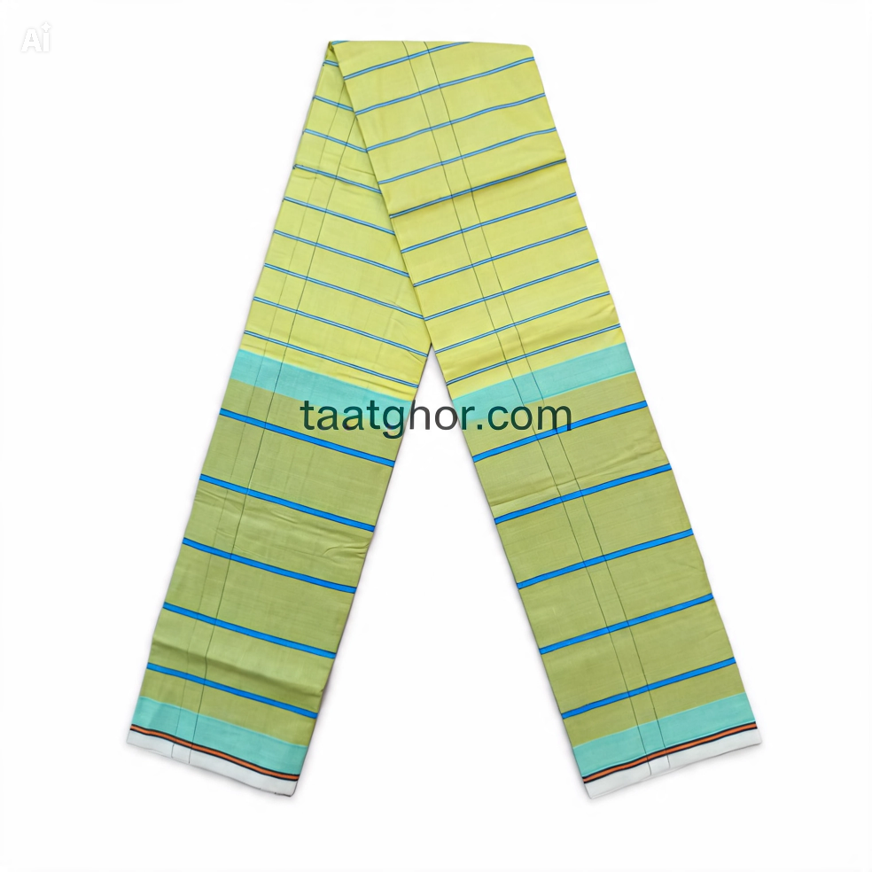 Light Yellow & Aqua Striped Cotton Lungi for Men - 5 Hat | সেরা সুতি লুঙ্গি - Image 2