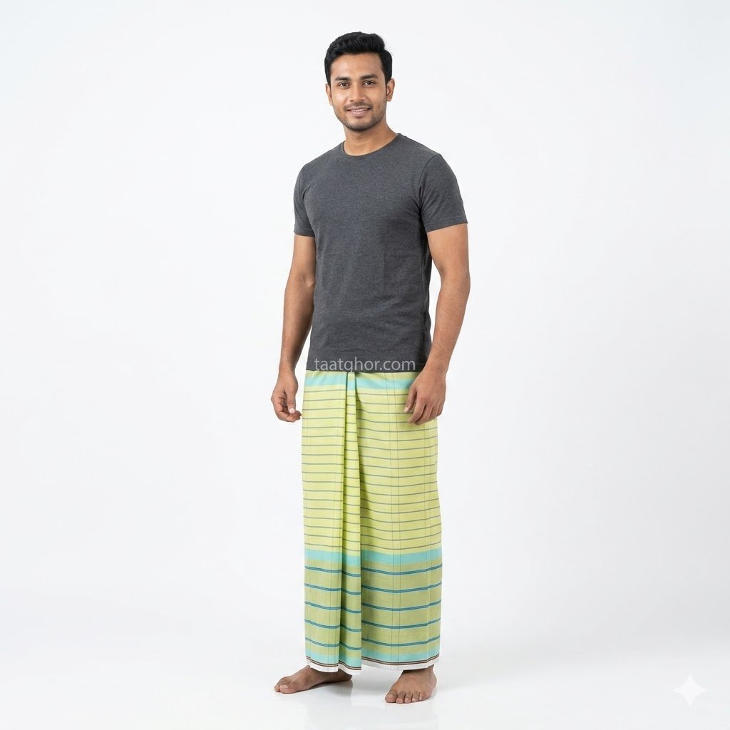 Light yellow and aqua striped Cotton Lungi for Lungi men showcasing the best lungi price in bd at TaatGhor online lungi shop.