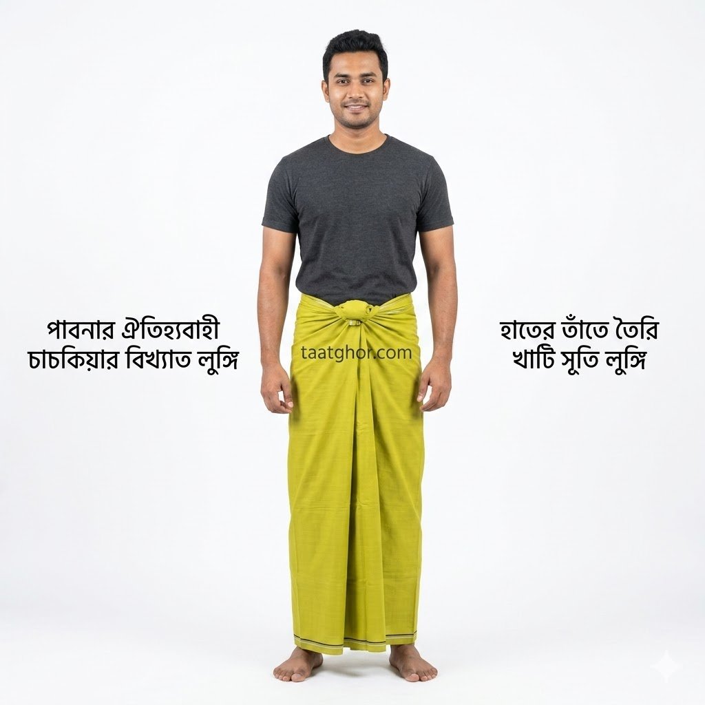 Premium Olive Green Solid Pure Cotton Lungi. পাবনার ঐতিহ্যবাহী ৫.৫ হাত চাচকিয়ার সুতি লুঙ্গি।