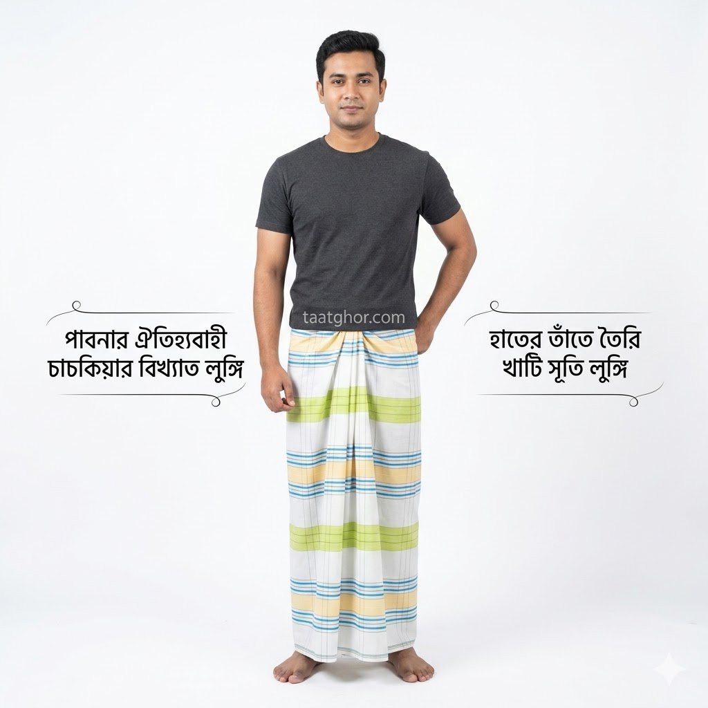 Premium White Multi-Striped Pure Cotton Lungi. পাবনার ঐতিহ্যবাহী ৫.৫ হাত চাচকিয়ার সুতি লুঙ্গি।