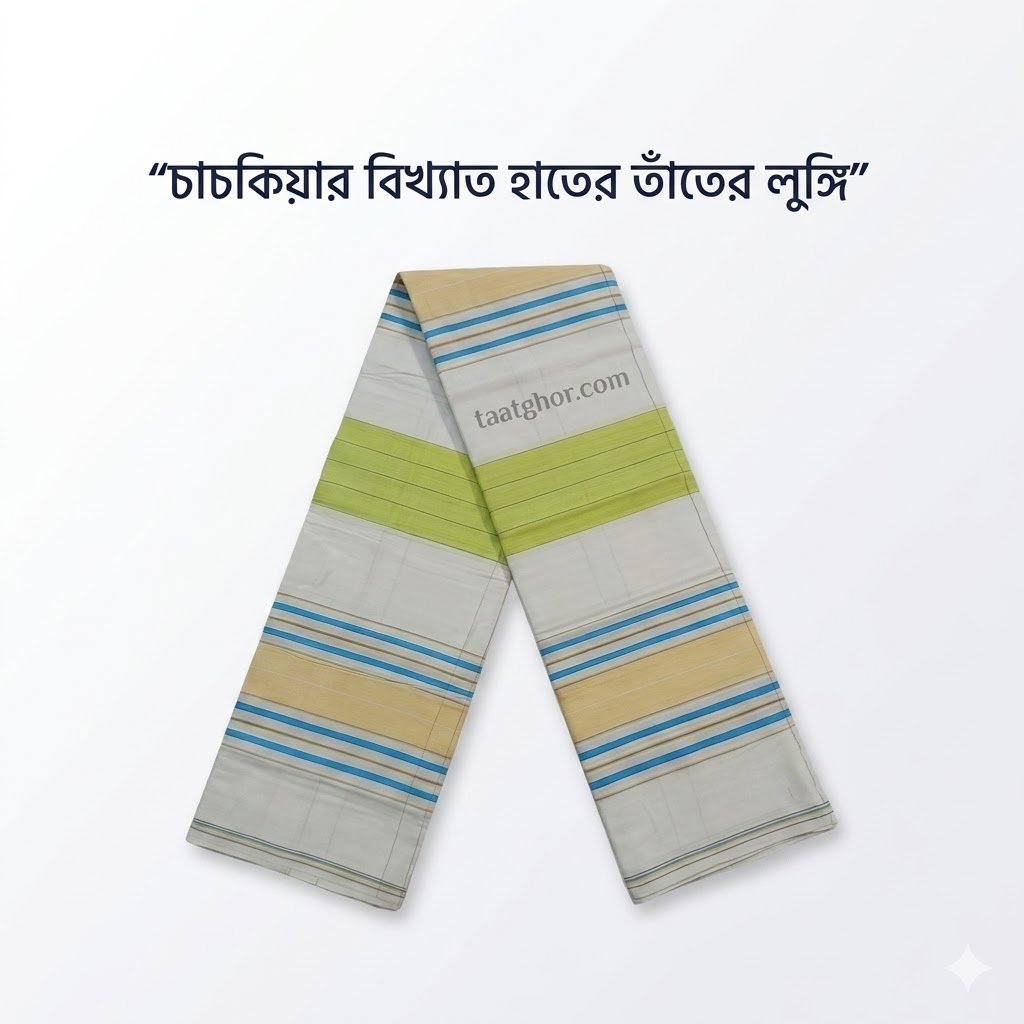 Premium White Multi-Striped Pure Cotton Lungi. পাবনার ঐতিহ্যবাহী ৫.৫ হাত চাচকিয়ার সুতি লুঙ্গি।