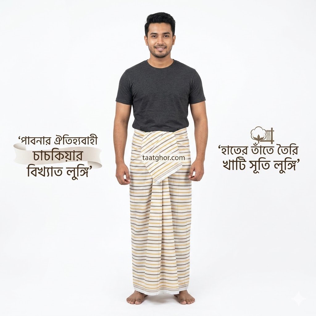 Premium White Striped Pure Cotton Lungi. পাবনার ঐতিহ্যবাহী ৫.৫ হাত চাচকিয়ার সুতি লুঙ্গি।